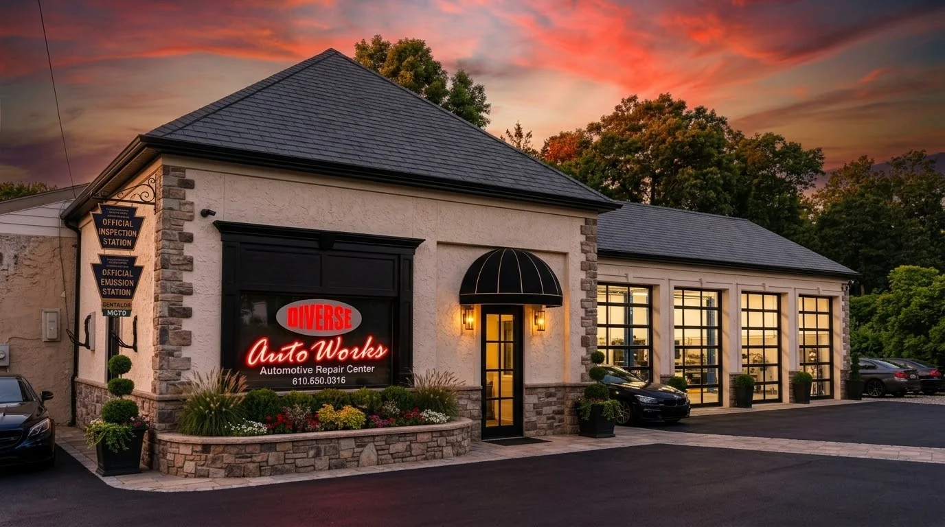 Diverse Auto Works shop front at sunset, with state inspection and emission station signs