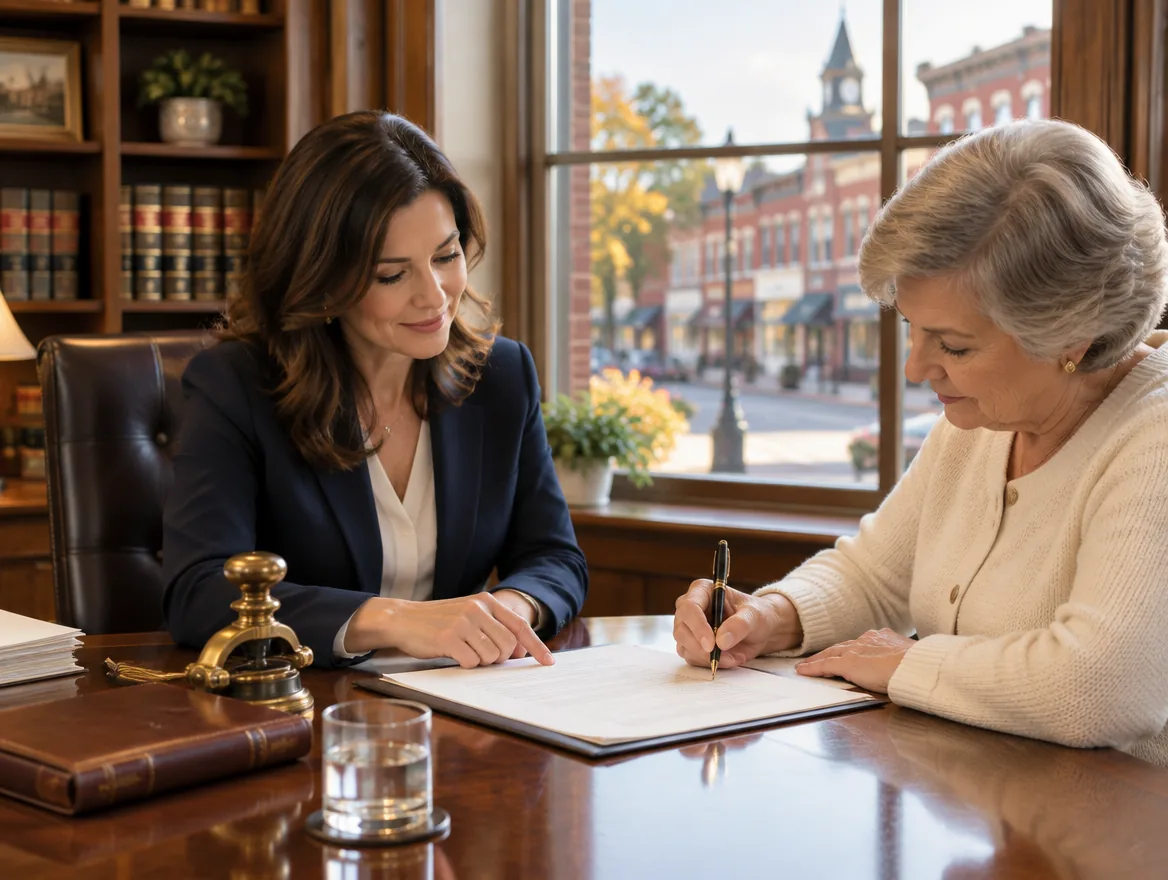 A notary public at a desk guiding a client as she signs a document, with a notary stamp and journal on the desk