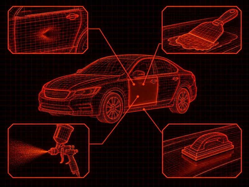Blueprint-style drawing of a car door with dent repair tools and a spray gun