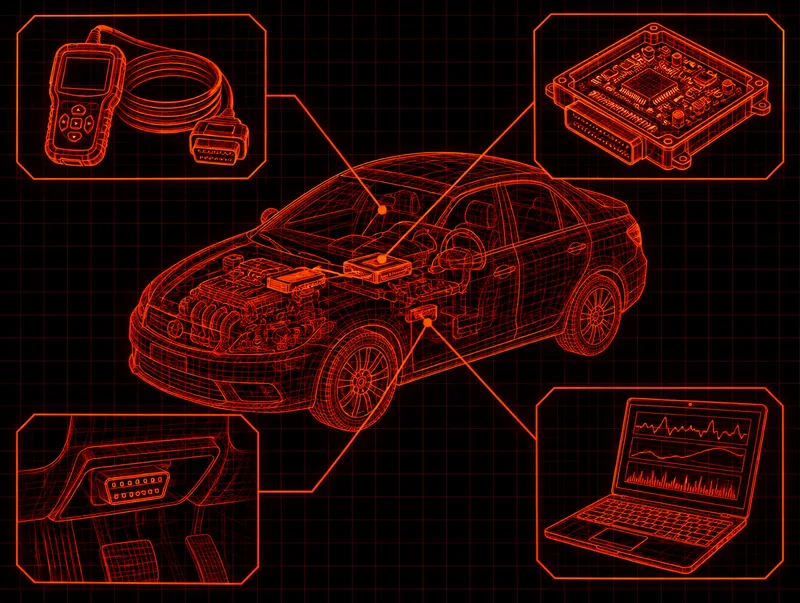 Blueprint-style drawing of a car with a scan tool, engine computer and diagnostic port