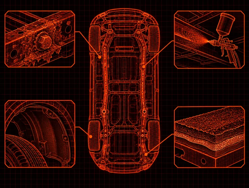 Blueprint-style drawing of a car underbody with rust, rust-proofing spray and coating layers