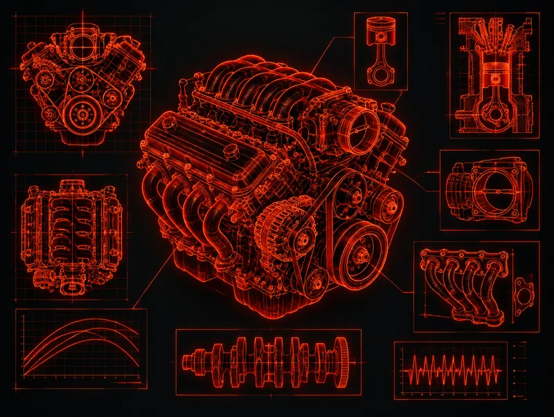 Blueprint-style drawing of an engine
