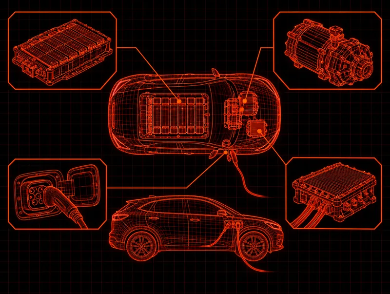 Blueprint-style drawing of an electric vehicle battery, motor and charge port