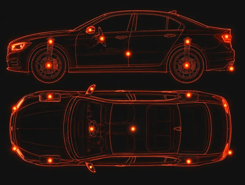 Blueprint-style drawing of a vehicle inspection