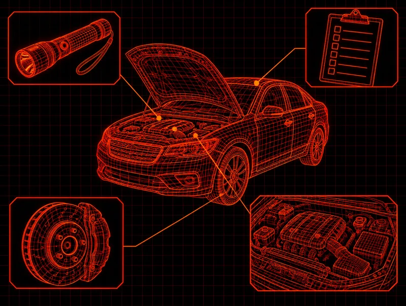 Blueprint-style drawing of a used car with its hood open, a flashlight and a checklist
