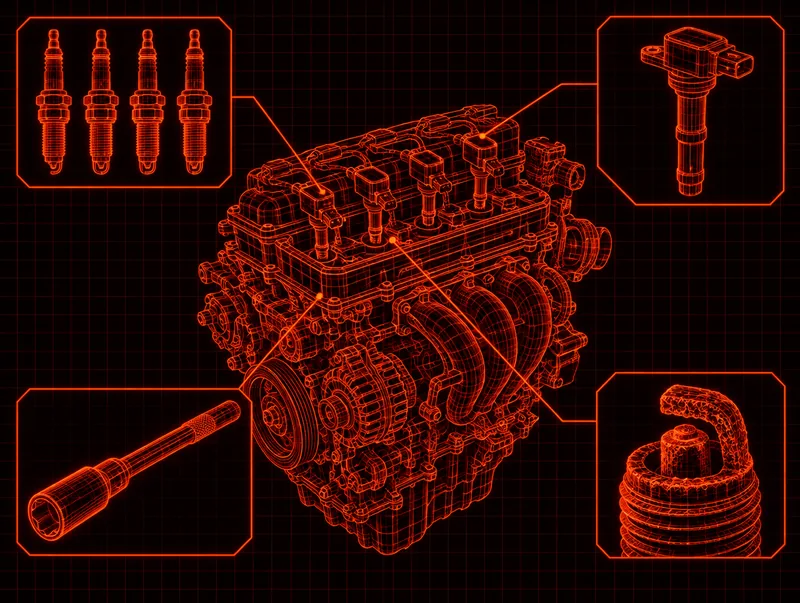 Blueprint-style drawing of an engine with spark plugs and ignition coils