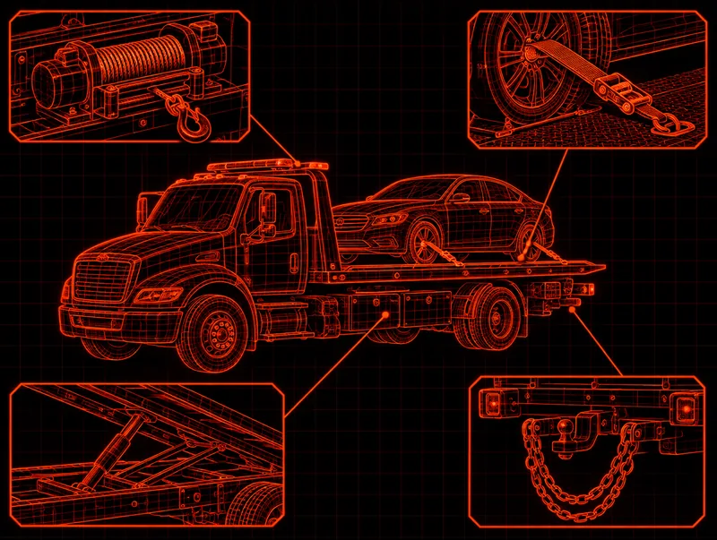 Blueprint-style drawing of a flatbed tow truck carrying a car